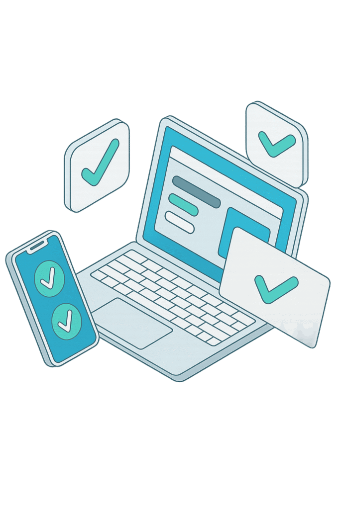 Illustration of Buildify proven system for free tradie website design NZ showing laptop and mobile site design with check marks