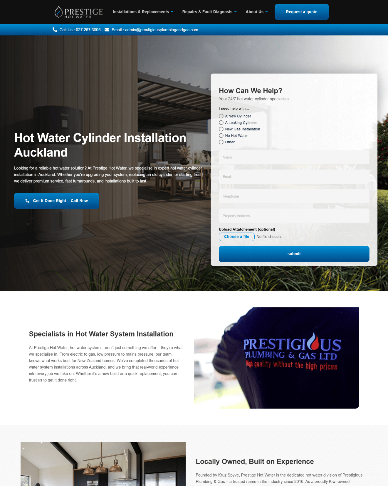Prestige Hot Water website design – hot water cylinder installation specialists in Auckland