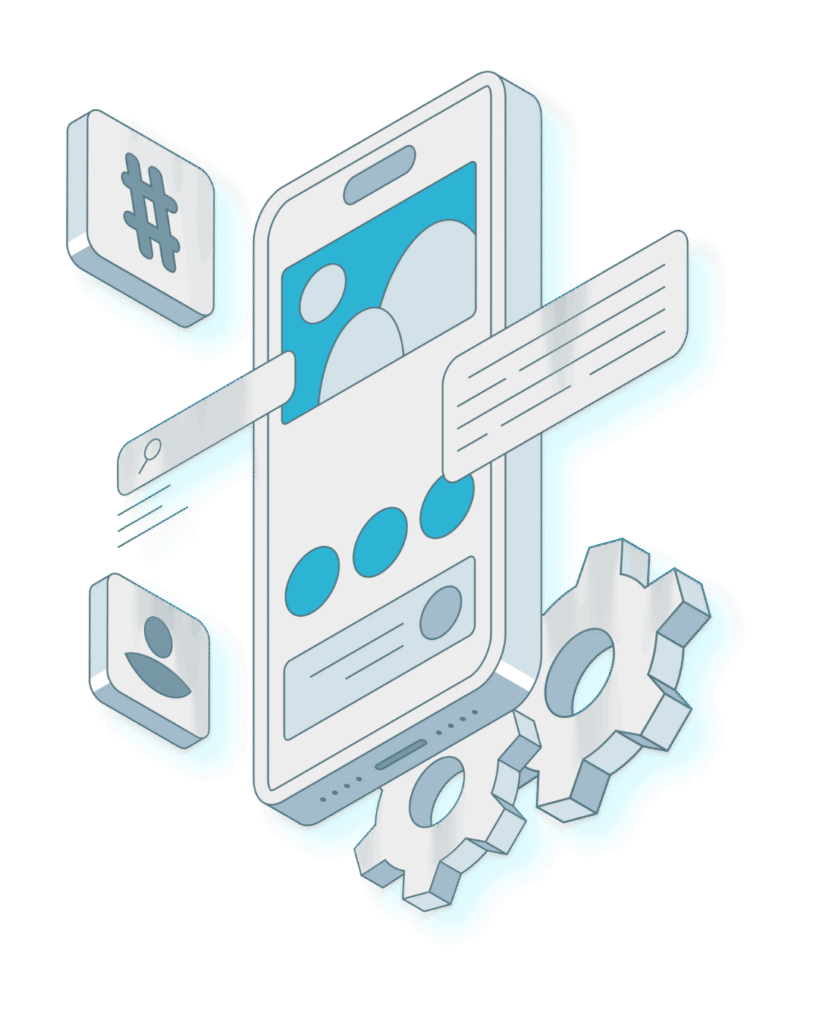 llustration of websites for tradies NZ showing mobile-friendly design with social icons and gears